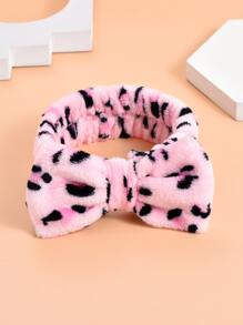 2pcs/set Leopard Pattern Bath Headband, Polyester Bow Decor Facial Makeup Headband For Bathroom - Pink - View 3