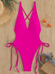SHEIN Swim Summer Beach Drawstring Plunging One Piece Swimsuit - Hot Pink - View 3