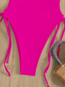 SHEIN Swim Summer Beach Drawstring Plunging One Piece Swimsuit - Hot Pink - View 4