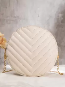 衍縫圖案鏈條圓形包 - 米色 - 查看 1