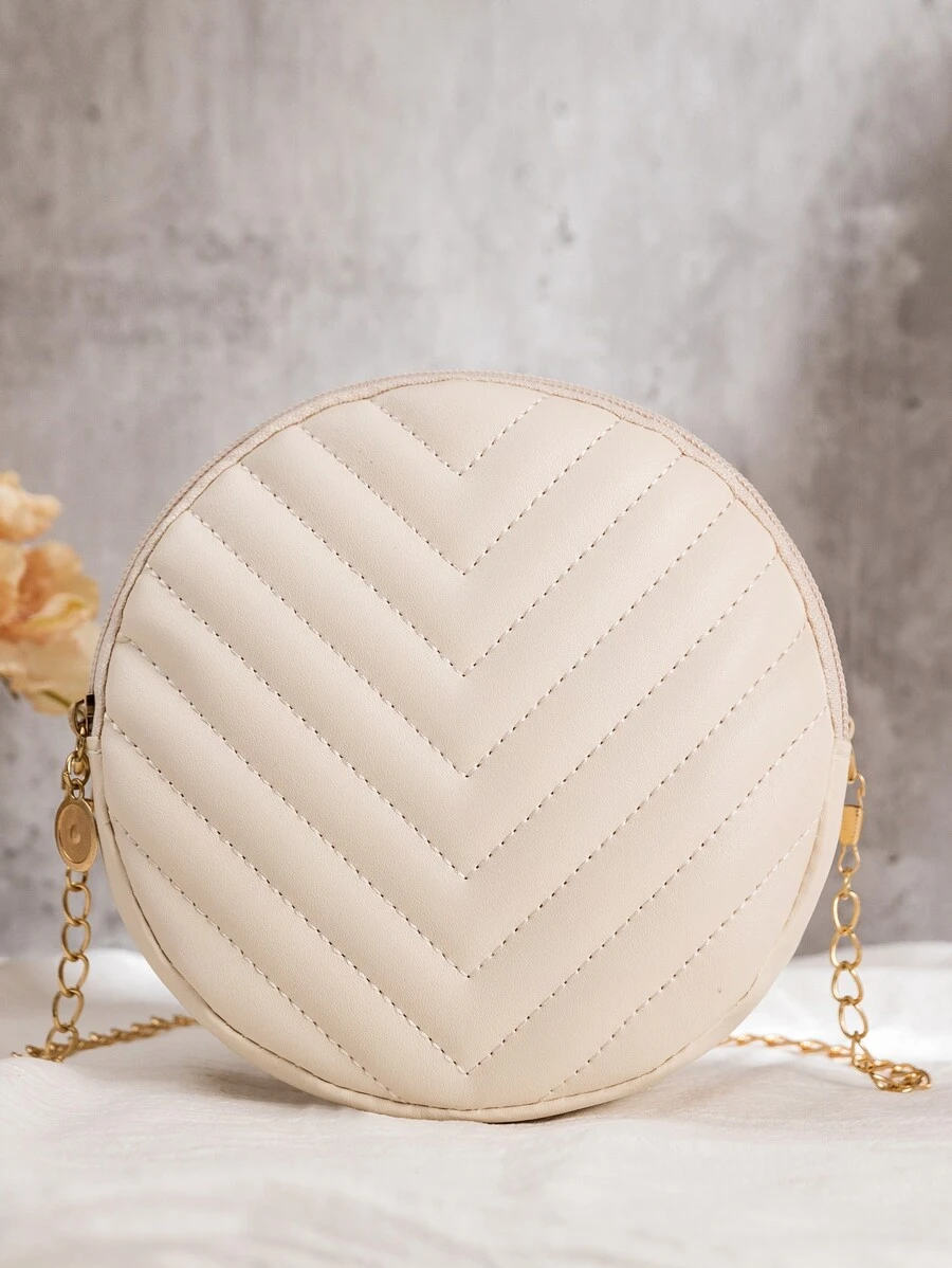 衍縫圖案鏈條圓形包 - 米色 - 查看 1