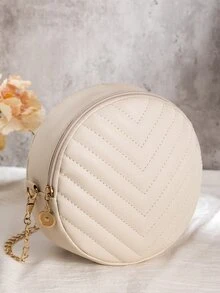 衍縫圖案鏈條圓形包 - 米色 - 查看 3