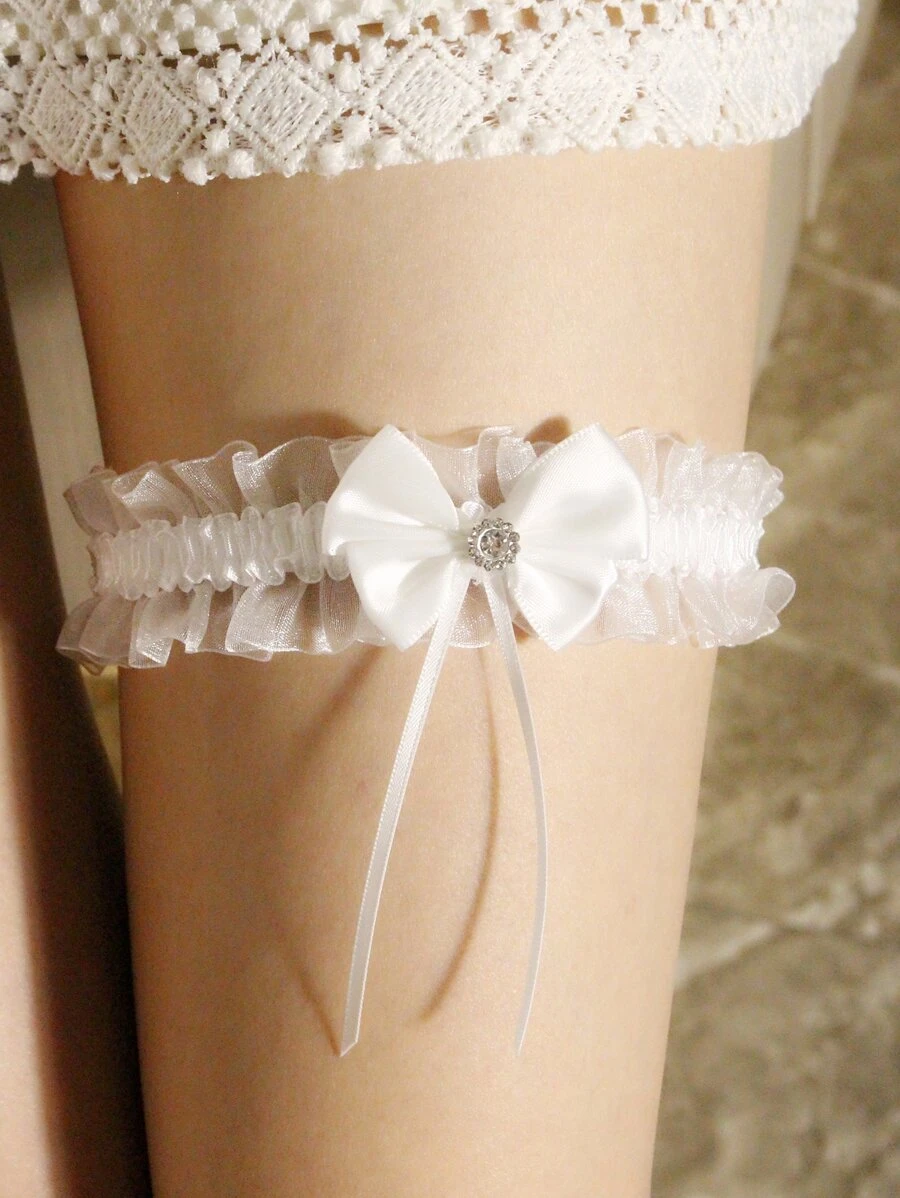 Nơ & rhinestone trang trí diềm trang trí diềm thắt lưng cô dâu Garter - trắng - Xem 1