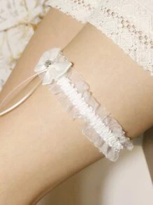 Nơ & rhinestone trang trí diềm trang trí diềm thắt lưng cô dâu Garter - trắng - Xem 2