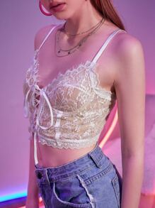 Sweetness Lace Up Contrast Lace Bralette - White - View 1