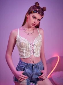 Sweetness Lace Up Contrast Lace Bralette - White - View 3