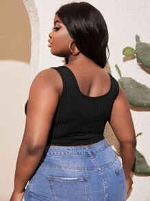 Slaydiva Plus Contrast Lace Ruched Scallop Trim Tank Top - Black - View 2
