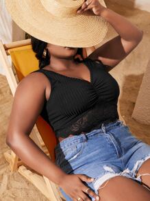 Slaydiva Plus Contrast Lace Ruched Scallop Trim Tank Top - Black - View 5