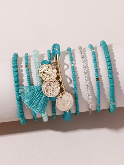 9入組硬幣和流蘇墜飾串珠手鏈