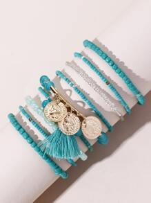 9入組硬幣和流蘇墜飾串珠手鏈 - 彩色 - 查看 4