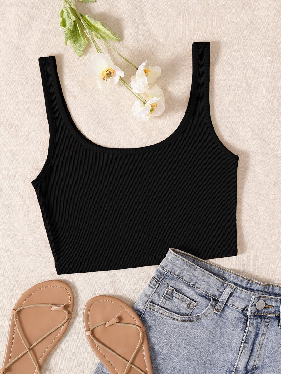 SHEIN Unity Solid Ribbed Knit Tank Top - Black - View 1