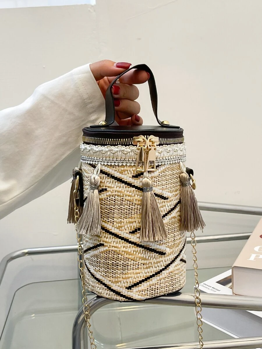 Mini Tassel Decor Straw Bag - Multicolor - View 1