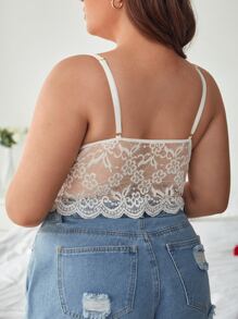 Plus Floral Lace Scallop Trim Bra - White - View 2