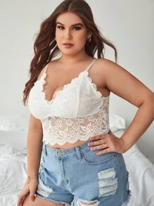 Plus Floral Lace Scallop Trim Bra - White - View 4