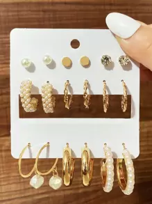 9pairs Faux Pearl Decor Earrings - Multicolor - View 1