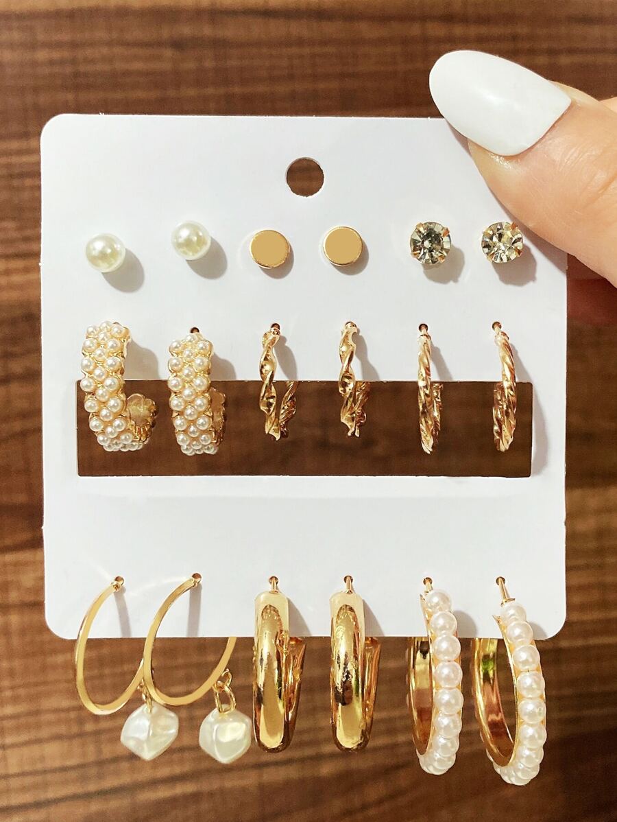 9pairs Faux Pearl Decor Earrings - Multicolor - View 1