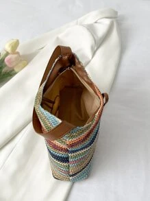 度假草編包塊狀條紋拉鍊適用於夏天 - 彩色 - 查看 3