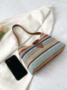 度假草編包塊狀條紋拉鍊適用於夏天 - 彩色 - 查看 5