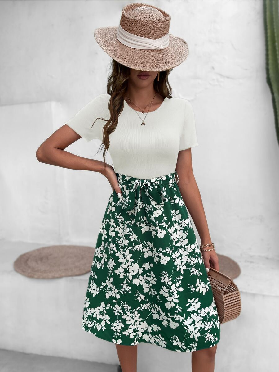 SHEIN LUNE Floral Print Belted Dress - Multicolor - View 1