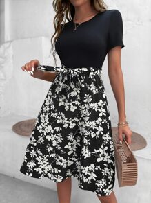 SHEIN LUNE Floral Print Belted Dress - Black and White - View 1