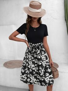SHEIN LUNE Floral Print Belted Dress - Black and White - View 3