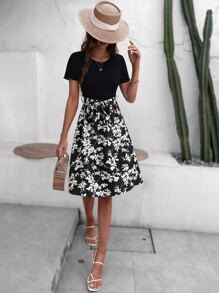 SHEIN LUNE Floral Print Belted Dress - Black and White - View 4