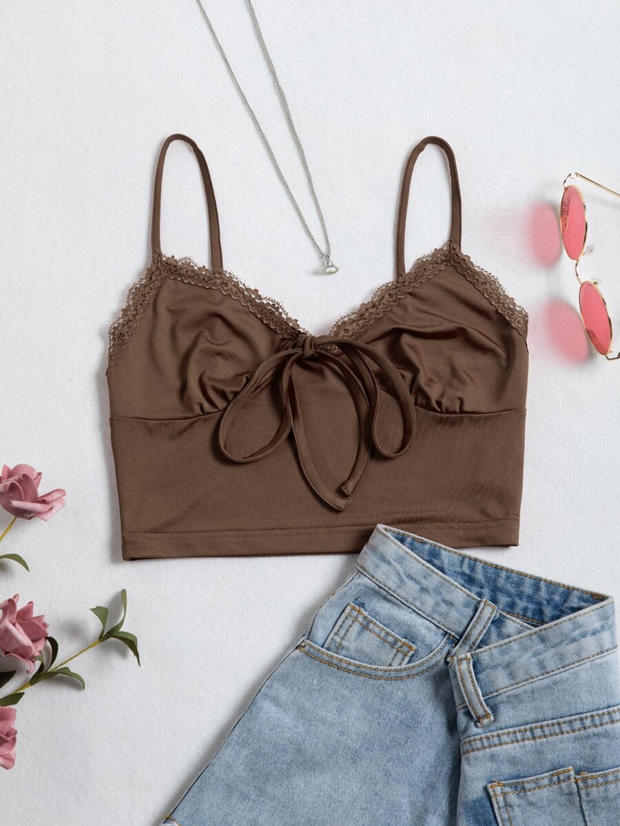 SHEIN Unity Lace Trim Tie Front Cami Crop Top - Coffee Brown - View 1