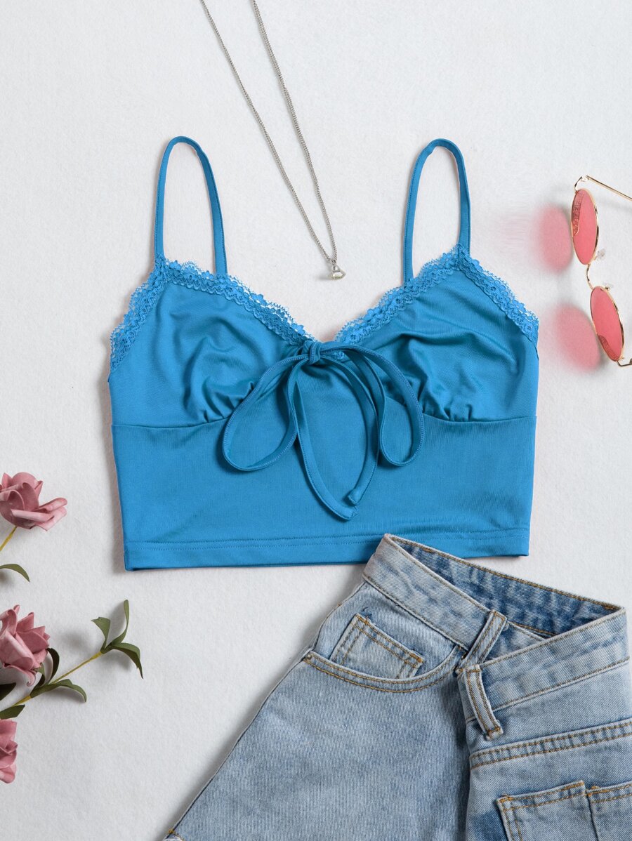 SHEIN Unity Lace Trim Tie Front Cami Crop Top - Blue - View 1