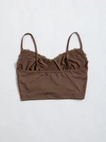 SHEIN Unity Lace Trim Tie Front Cami Crop Top - Coffee Brown - View 2