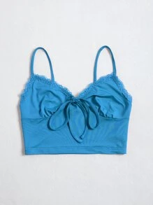 SHEIN Unity Lace Trim Tie Front Cami Crop Top - Blue - View 3