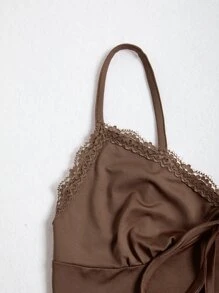 SHEIN Unity Lace Trim Tie Front Cami Crop Top - Coffee Brown - View 5