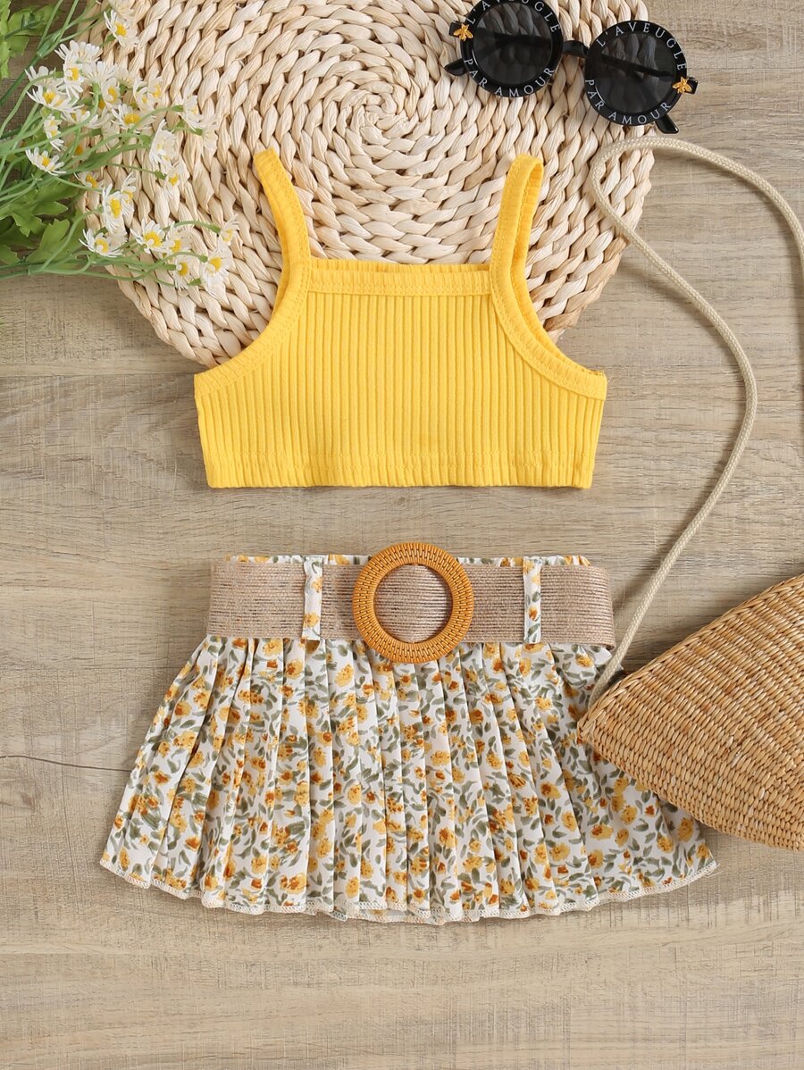 嬰兒條紋針織吊帶上衣和小碎花腰帶百褶半身裙 - 黃色 - 查看 1