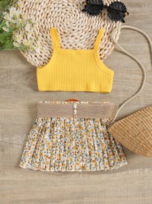 嬰兒條紋針織吊帶上衣和小碎花腰帶百褶半身裙 - 黃色 - 查看 2