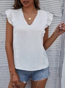 SHEIN Holidaya Blusa de lunares panel con encaje de manga con volante - Blanco - Ver 5