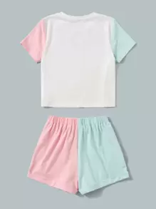 SHEIN Tween女孩愛心印花彩色拼接t卹和前結繩短褲 - 薄荷藍 - 查看 2