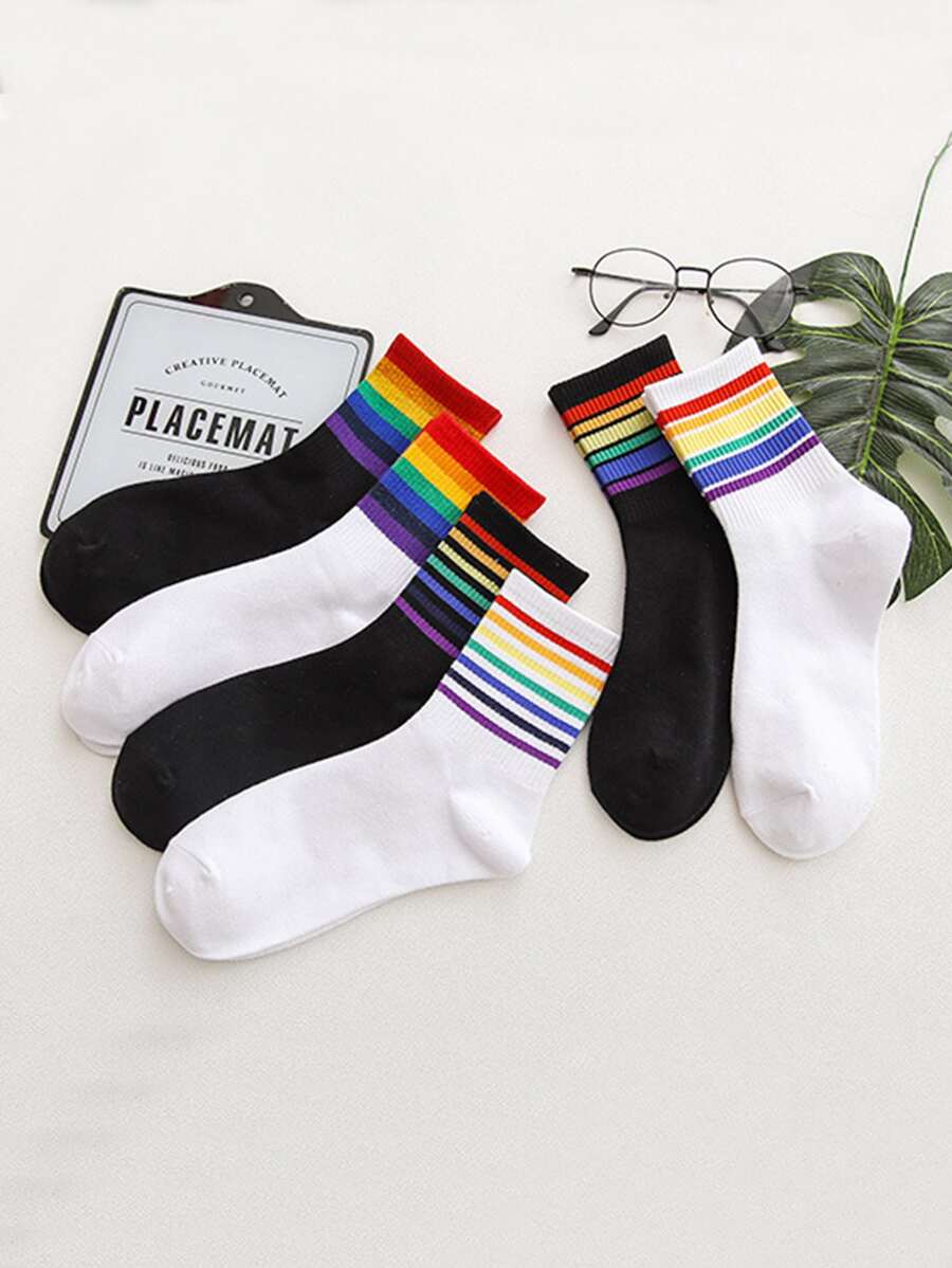 6pairs Rainbow Striped Crew Socks - Multicolor - View 1
