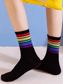 6pairs Rainbow Striped Crew Socks - Multicolor - View 3
