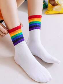 6pairs Rainbow Striped Crew Socks - Multicolor - View 4