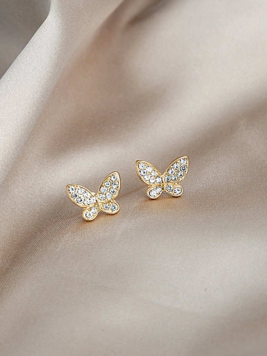 水鑽蝴蝶設計耳釘 - 金黃色 - 查看 1
