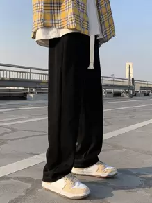 Claim Dot Men Drawstring Waist Straight Leg Pants Long Slacks Plain Going Out, Fall - Black - View 4