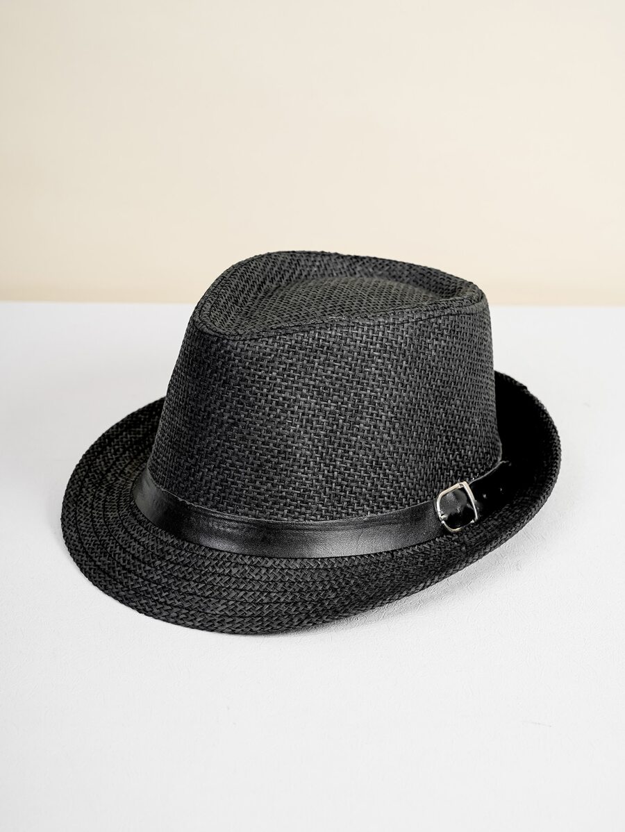 Hombres Sombrero de paja con diseño de cinturón - Negro - Ver 1