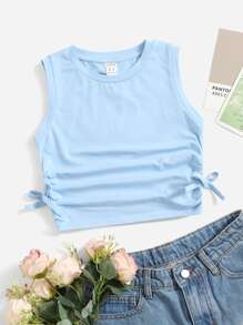 SHEIN Tween Girl Màu Trơn Thanh Lịch Cổ Tròn Ruffle Hem Side Tie Tank Top - Màu xanh nhạt - Xem 1