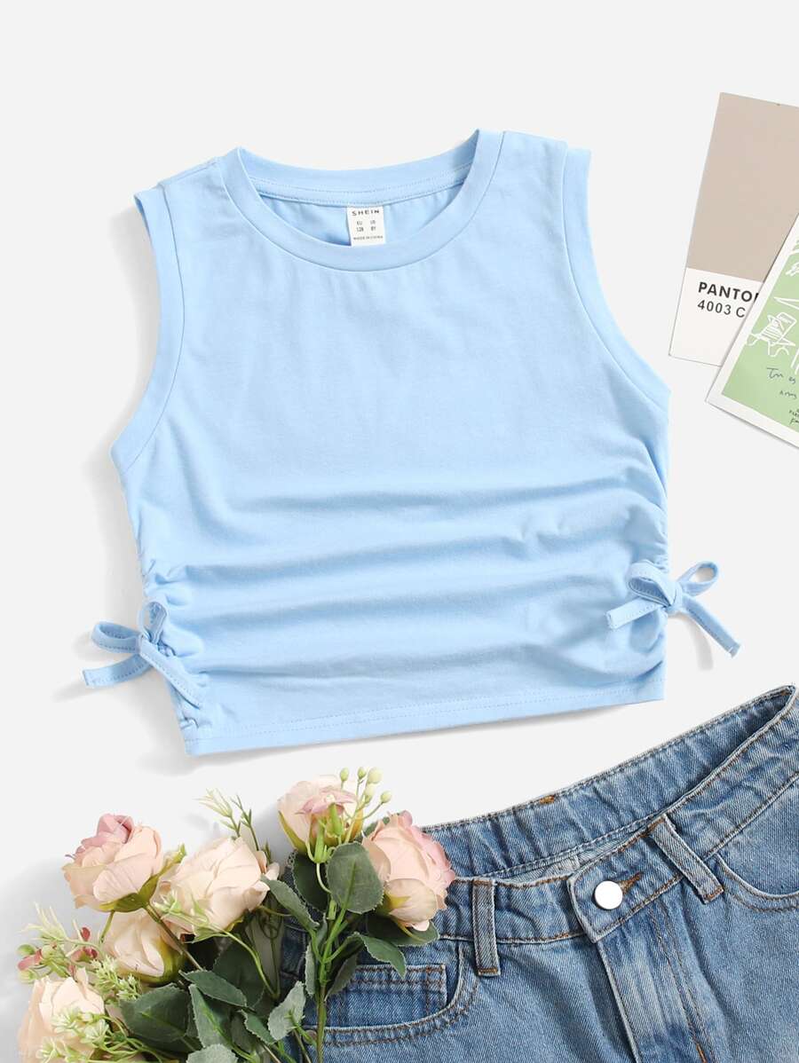 SHEIN Tween Girl Màu Trơn Thanh Lịch Cổ Tròn Ruffle Hem Side Tie Tank Top - Màu xanh nhạt - Xem 1