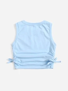 SHEIN Tween Girl Màu Trơn Thanh Lịch Cổ Tròn Ruffle Hem Side Tie Tank Top - Màu xanh nhạt - Xem 2