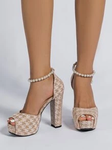 Sandalias de tacón alto de moda para mujer, con decoración de cadena de perlas de imitación, punta abierta, tacón grueso, sexy para fiesta nocturna, primavera/verano/otoño, talla grande, color dorado