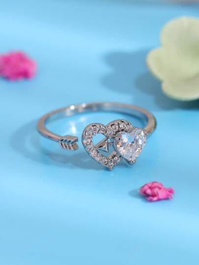Girls Cubic Zirconia Heart Decor Cuff Ring