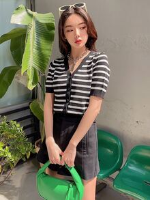 FRIFUL Mẫu sọc Nút phía trước Áo len Mở - Đen và trắng - Xem 5