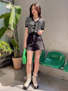 FRIFUL Mẫu sọc Nút phía trước Áo len Mở - Đen và trắng - Xem 6