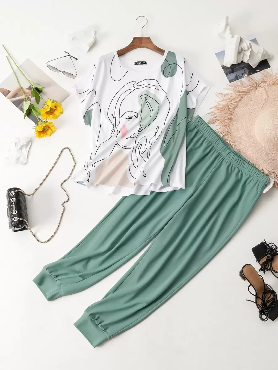 Mulvari Plus Figure Batwing Sleeve Tee & Trousers - Multicolor - View 1