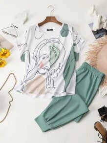 Mulvari Plus Figure Batwing Sleeve Tee & Trousers - Multicolor - View 3